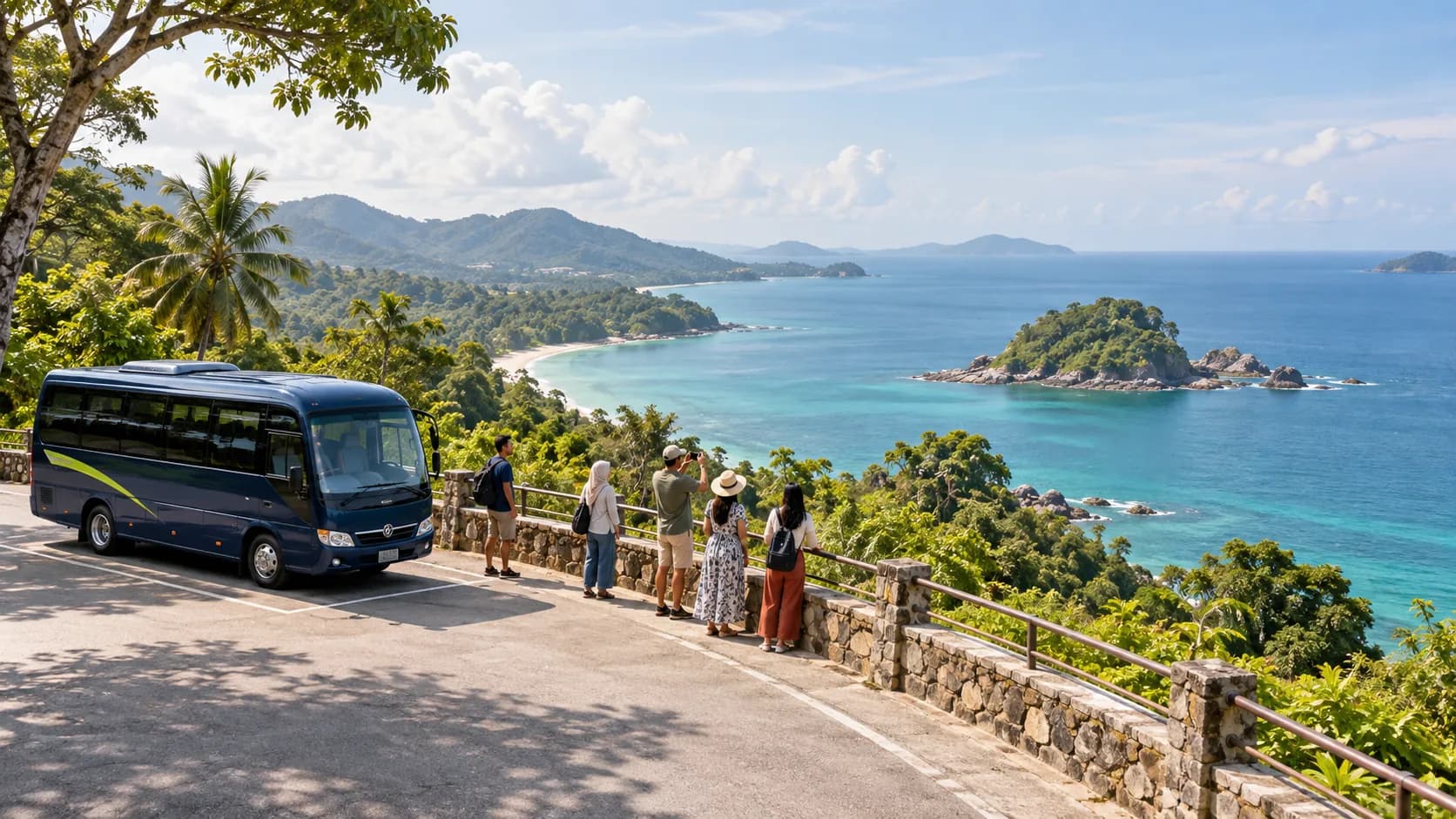 Illustration of a group and minicoach at a Malaysian coastal sightseeing stop