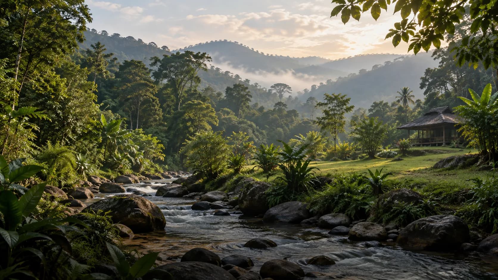 Illustration of a forest stream and green foothills inspired by Janda Baik