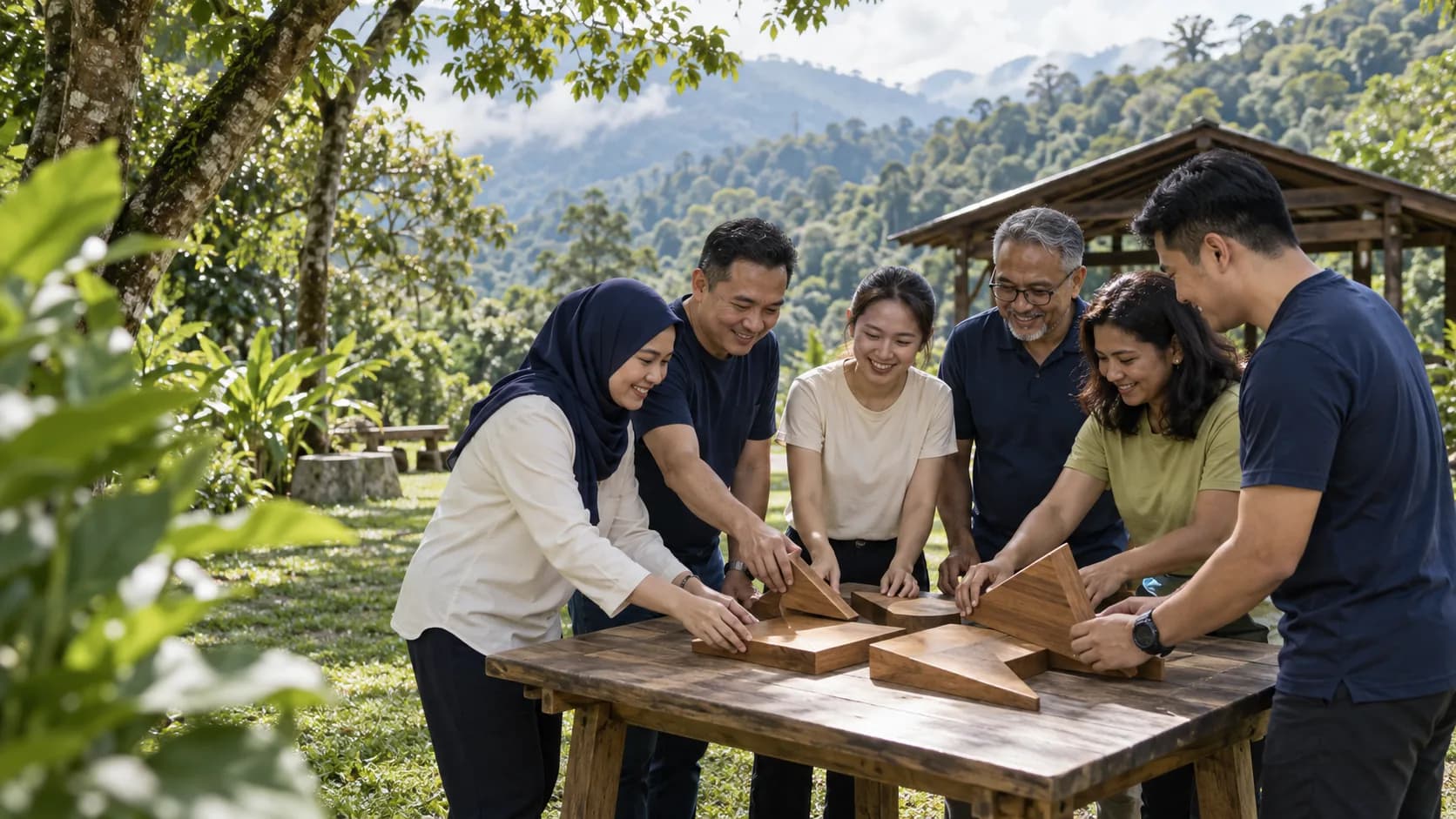 Illustration of adult colleagues collaborating on a wooden puzzle on a tropical lawn
