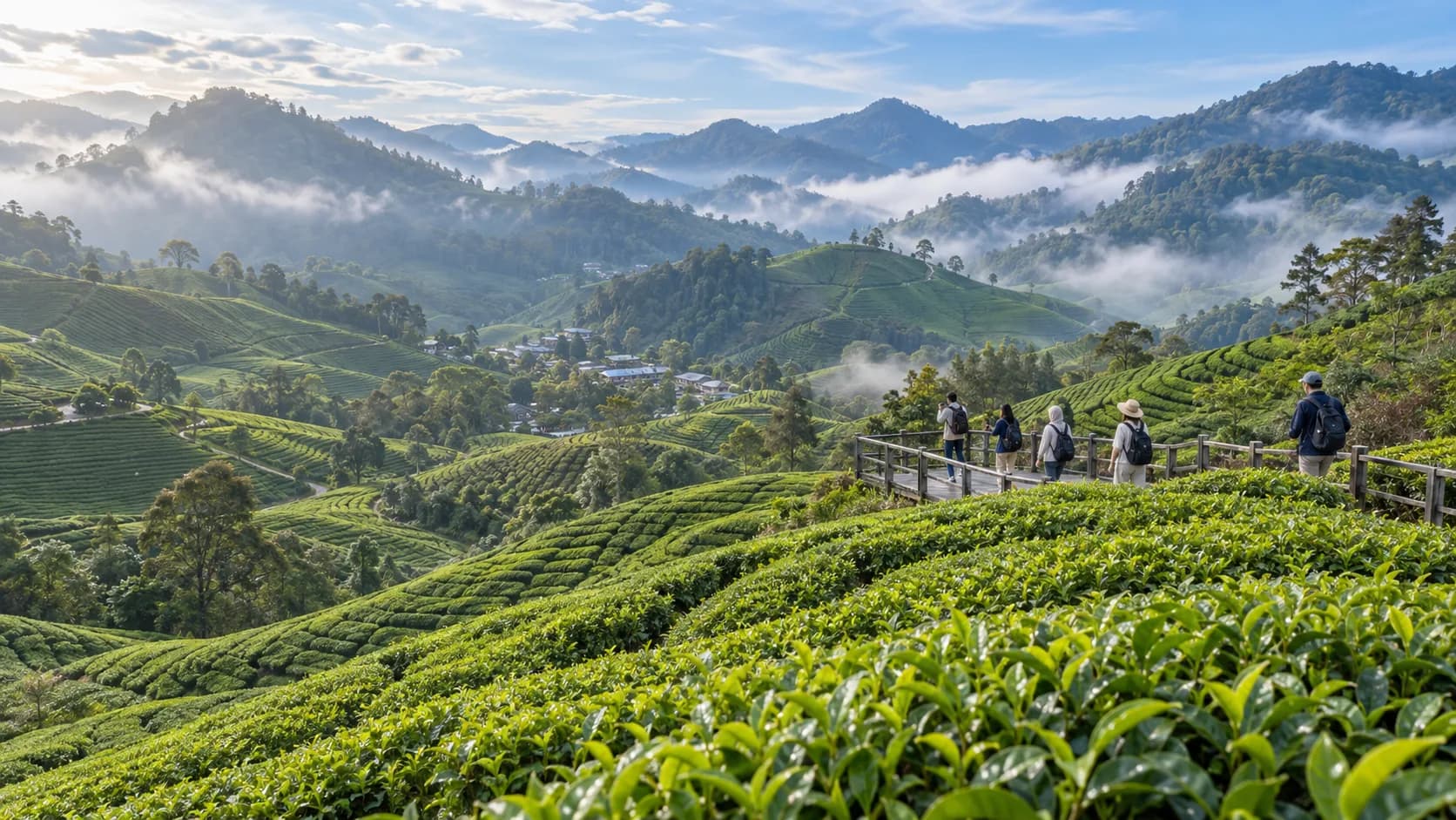 Illustration of travellers overlooking green tea terraces in the Malaysian highlands