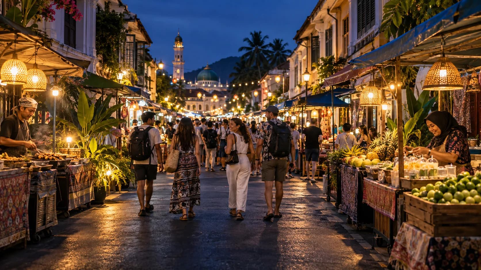 Illustration of a group exploring a lively evening market on an overseas trip